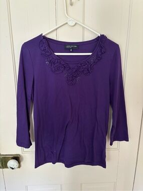 Jones New York Purple Floral-Trim Scoop Neck Long Sleeve Top